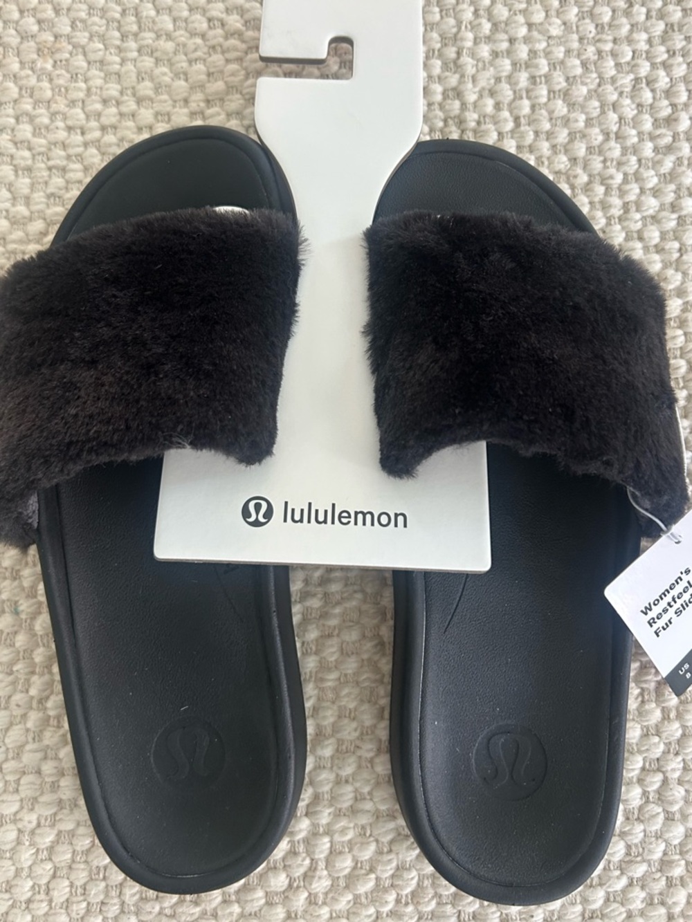 lululemon Black Faux Fur Slide Sandals